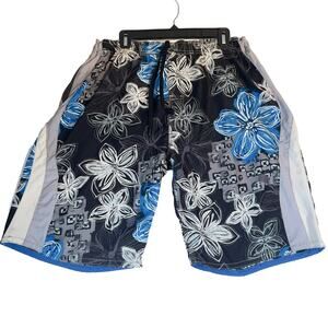 Burnside Swimsuit Men L Hawaiin Floral Mesh Lined Drawstring Hook Loop Fly Beach